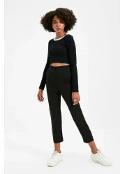  Collection سروال أسود من القماش المنسوج ذو الخصر العالي بطول الكاحل TWOSS20PL0515