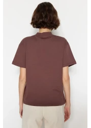  Collection تي شيرت منسوج بياقة واقفة أساسي من القطن بنسبة 100% مكون من قطعتين باللون البني والبيج TWOSS20TS1500