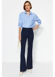  Collection Navy Blue Spanish Leg Flare Woven Fabric Trousers Tofaw19Bb0581