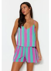 Collection Multicolor Striped Rope Strap Woven Pajama Set with Viscose Shorts Thmss23Pt00225