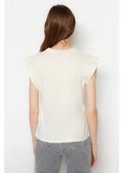  Collection Beige 100% Cotton Wadding Look Basic Crew Neck Knitted T-Shirt TWOSS20TS0021