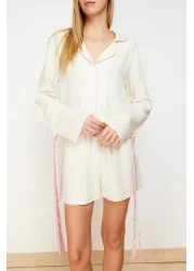  Collection Ecru Laced/Ribbon/Bow and Ribbed Viscose Shorts Woven Pajama Suit Thmss24Pt00047