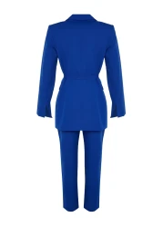  Modest Blue Lacing Detailed Lined Crepe Jacket-Pants Woven Bottom-Top Suit TCTSS23US00044