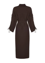  Modest Brown Belted Sleeves Adjustable Detail Button Cotton Woven Shirt Dress Tctss23Eb00365