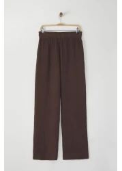  Collection Brown 100% Linen Elastic Waist High Waist Extra Pants Twoss24Je00251