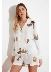  Collection Ecru Tiger Pattern Viscose Shirt-Shorts Woven Pajamas Set THMAW21PT0340
