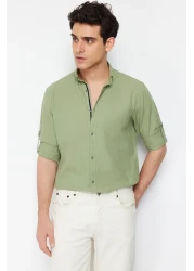  Collection قميص أخضر بقصة ضيقة مع كتاف - كم طويل، 100% قطن، TMNSS20GO0189