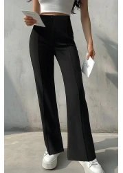 Collection Black Straight Cut High Waist Ribbed Stitched Woven Trousers TWOSS21PL0093