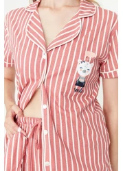 Collection Animal Print Pink Striped Knitted Pajamas Set - Shirt and Pants THMSS21PT0878