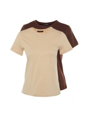  Collection Brown-Beige 100% Cotton 2-Pack Basic Crew Neck Knitted T-Shirt TWOSS20TS0141