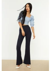  Collection Navy Blue Spanish Leg Flare Woven Fabric Trousers Tofaw19Bb0581