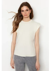  Collection Beige 100% Cotton Wadding Look Basic Crew Neck Knitted T-Shirt TWOSS20TS0021