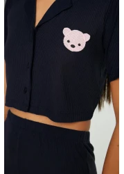  Collection Navy Blue Teddy Bear Ribbed Knitted Pajamas Set Thmss21Pt0168
