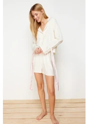  Collection Ecru Laced/Ribbon/Bow and Ribbed Viscose Shorts Woven Pajama Suit Thmss24Pt00047