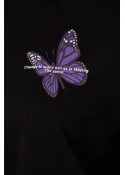  Collection Black 100% Cotton Front and Back Butterfly Printed Oversize/Wide Pattern Knitted T-Shirt TWOSS23TS00188