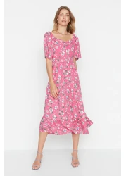  Collection Pink A-line Balloon Sleeve Floral Print Midi Woven Dress TWOSS20EL2323