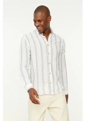  Collection Beige Slim Fit Buttoned Collar Thin Striped Shirt