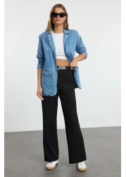  Collection بنطال أسود عالي الخصر بأرجل واسعة/أرجل واسعة من القماش المنسوج بطيات TWOAW21PL0076