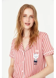  Collection Animal Print Pink Striped Knitted Pajamas Set - Shirt and Pants THMSS21PT0878