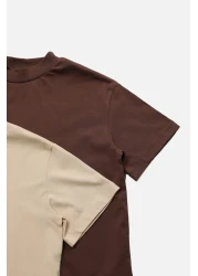  Collection تي شيرت منسوج بياقة واقفة أساسي من القطن بنسبة 100% مكون من قطعتين باللون البني والبيج TWOSS20TS1500