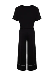  Collection طقم بيجامة محبوكة من القطن الأسود مع تفاصيل الأنابيب المطبوعة الترفيهية THMSS21PT0953