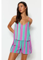  Collection Multicolor Striped Rope Strap Woven Pajama Set with Viscose Shorts Thmss23Pt00225