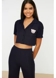  Collection Navy Blue Teddy Bear Ribbed Knitted Pajamas Set Thmss21Pt0168