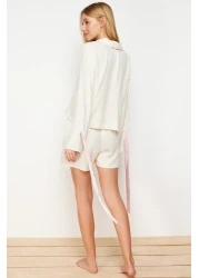  Collection Ecru Laced/Ribbon/Bow and Ribbed Viscose Shorts Woven Pajama Suit Thmss24Pt00047