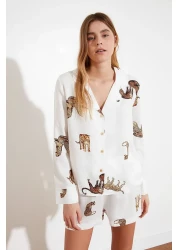  Collection Ecru Tiger Pattern Viscose Shirt-Shorts Woven Pajamas Set THMAW21PT0340