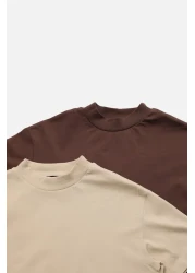  Collection تي شيرت منسوج بياقة واقفة أساسي من القطن بنسبة 100% مكون من قطعتين باللون البني والبيج TWOSS20TS1500