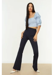  Collection Navy Blue Spanish Leg Flare Woven Fabric Trousers Tofaw19Bb0581