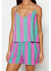  Collection Multicolor Striped Rope Strap Woven Pajama Set with Viscose Shorts Thmss23Pt00225