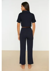  Collection Navy Blue Teddy Bear Ribbed Knitted Pajamas Set Thmss21Pt0168