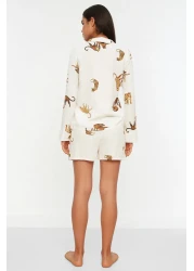  Collection Ecru Tiger Pattern Viscose Shirt-Shorts Woven Pajamas Set THMAW21PT0340