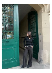  Collection بنطال أسود عالي الخصر بأرجل واسعة/أرجل واسعة من القماش المنسوج بطيات TWOAW21PL0076