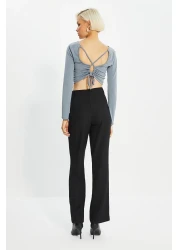  Collection Black Straight Cut High Waist Ribbed Stitched Woven Trousers TWOSS21PL0093