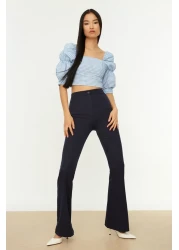  Collection Navy Blue Spanish Leg Flare Woven Fabric Trousers Tofaw19Bb0581