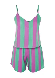  Collection Multicolor Striped Rope Strap Woven Pajama Set with Viscose Shorts Thmss23Pt00225