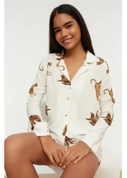  Collection Ecru Tiger Pattern Viscose Shirt-Shorts Woven Pajamas Set THMAW21PT0340