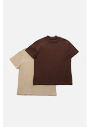  Collection تي شيرت منسوج بياقة واقفة أساسي من القطن بنسبة 100% مكون من قطعتين باللون البني والبيج TWOSS20TS1500