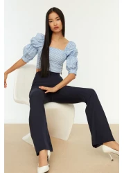  Collection Navy Blue Spanish Leg Flare Woven Fabric Trousers Tofaw19Bb0581