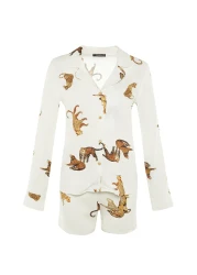  Collection Ecru Tiger Pattern Viscose Shirt-Shorts Woven Pajamas Set THMAW21PT0340