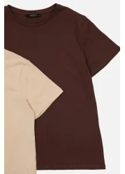  Collection Brown-Beige 100% Cotton 2-Pack Basic Crew Neck Knitted T-Shirt TWOSS20TS0141