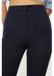  Collection Navy Blue Spanish Leg Flare Woven Fabric Trousers Tofaw19Bb0581