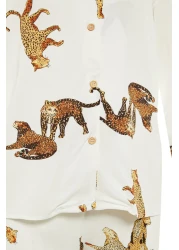  Collection Ecru Tiger Pattern Viscose Shirt-Shorts Woven Pajamas Set THMAW21PT0340