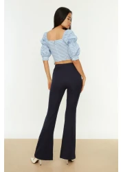  Collection Navy Blue Spanish Leg Flare Woven Fabric Trousers Tofaw19Bb0581