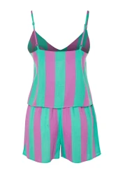  Collection Multicolor Striped Rope Strap Woven Pajama Set with Viscose Shorts Thmss23Pt00225