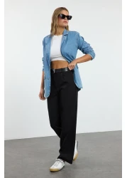  Collection بنطال أسود عالي الخصر بأرجل واسعة/أرجل واسعة من القماش المنسوج بطيات TWOAW21PL0076