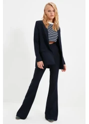  Collection Navy Blue Spanish Leg Flare Woven Fabric Trousers Tofaw19Bb0581