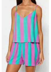  Collection Multicolor Striped Rope Strap Woven Pajama Set with Viscose Shorts Thmss23Pt00225